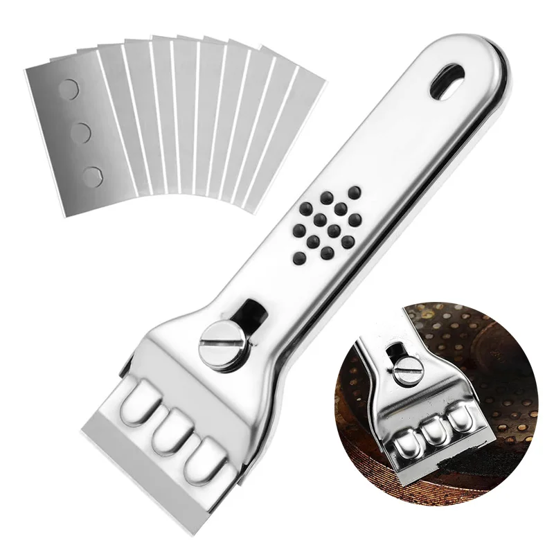 Raspador de fogão de aço inoxidável, raspador de vidro e cerâmica de cozinha com lâminas de reposição, ferramentas de limpeza de janelas e piso de parede