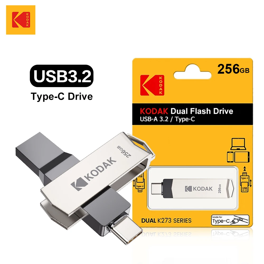 KODAK-USB Type C Flash Drive, Pendrive de alta velocidade, Memory Stick duplo para Smartphone, Laptop, 256GB, 128GB, 32GB