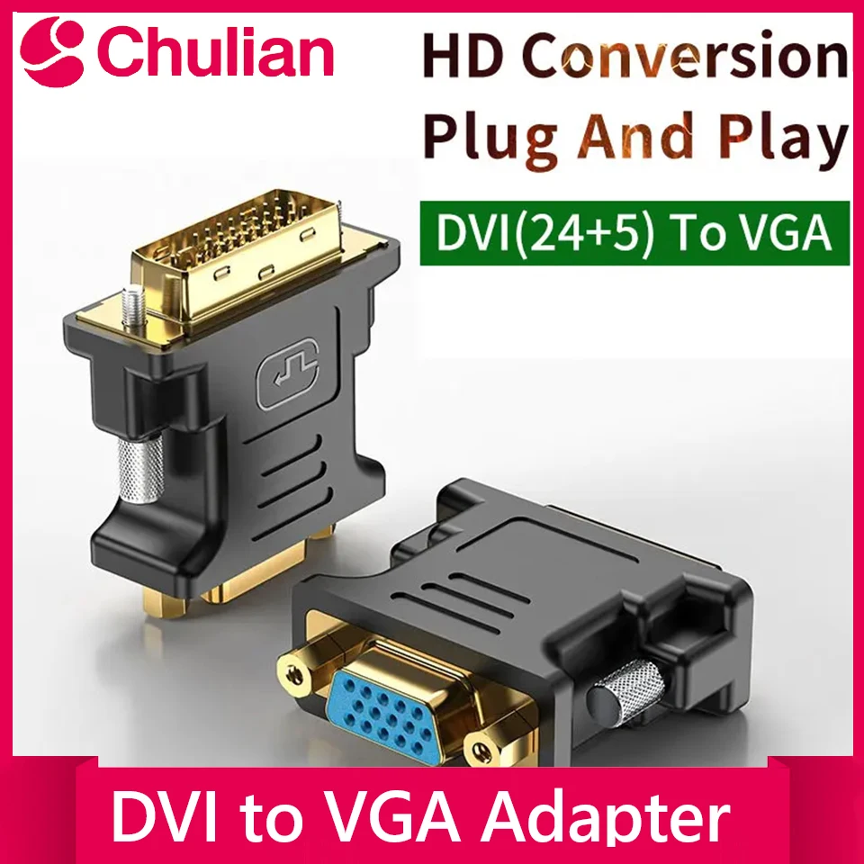 Adaptador DVI para VGA, Conversor DVI-I Masculino 24+5 Pinos para VGA Feminino, Conversor de Vídeo 1080P para Placa Gráfica, HDTV, PC e Projetor