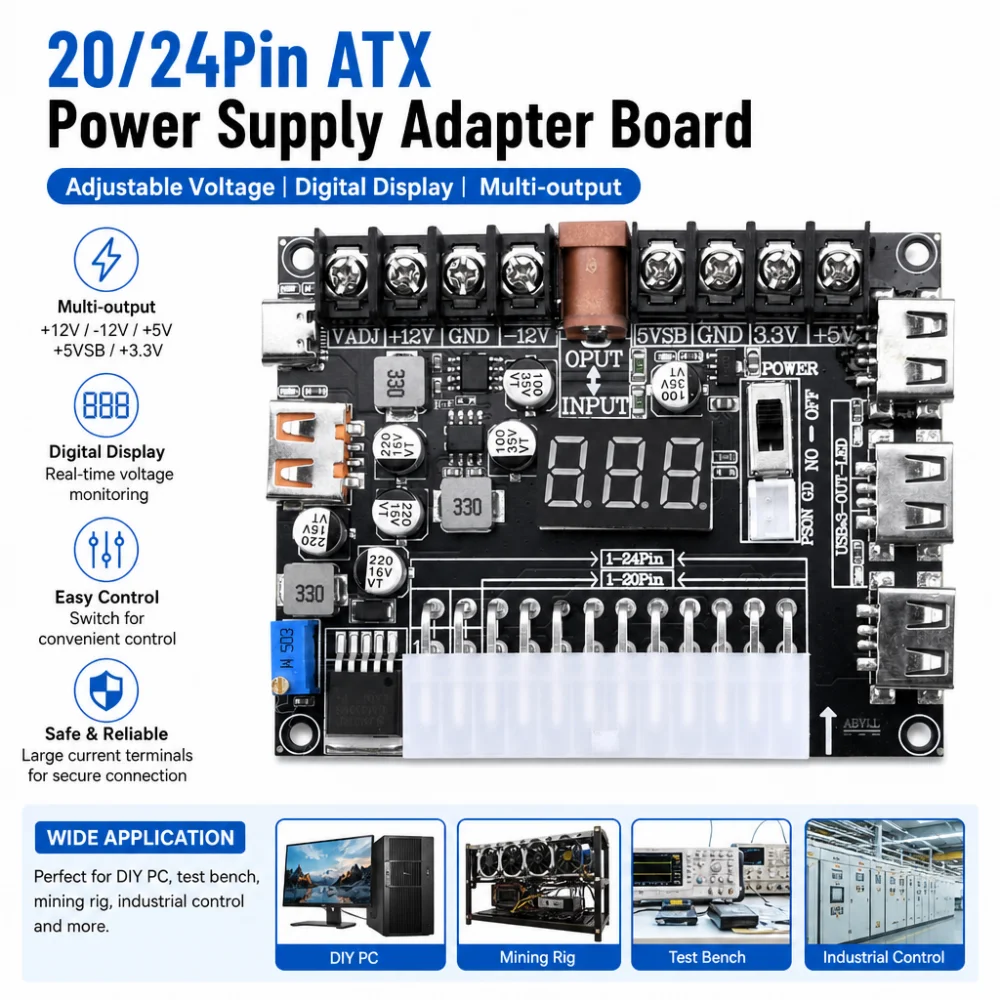 Placa adaptadora de fonte de alimentação ATX com 20/24 pinos, módulo de fonte de alimentação com voltagem ajustável, adequado para computadores, telemóveis, etc.
