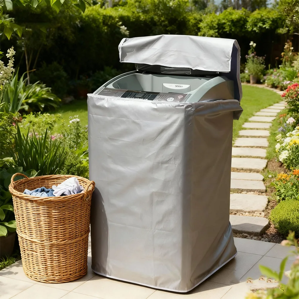 Capa Impermeável para Máquina de Lavar Roupa de Carregamento Superior, Tecido Prateado à Prova de Sol e Poeira, Proteção para Todas as Condições Climáticas para Varanda Externa
