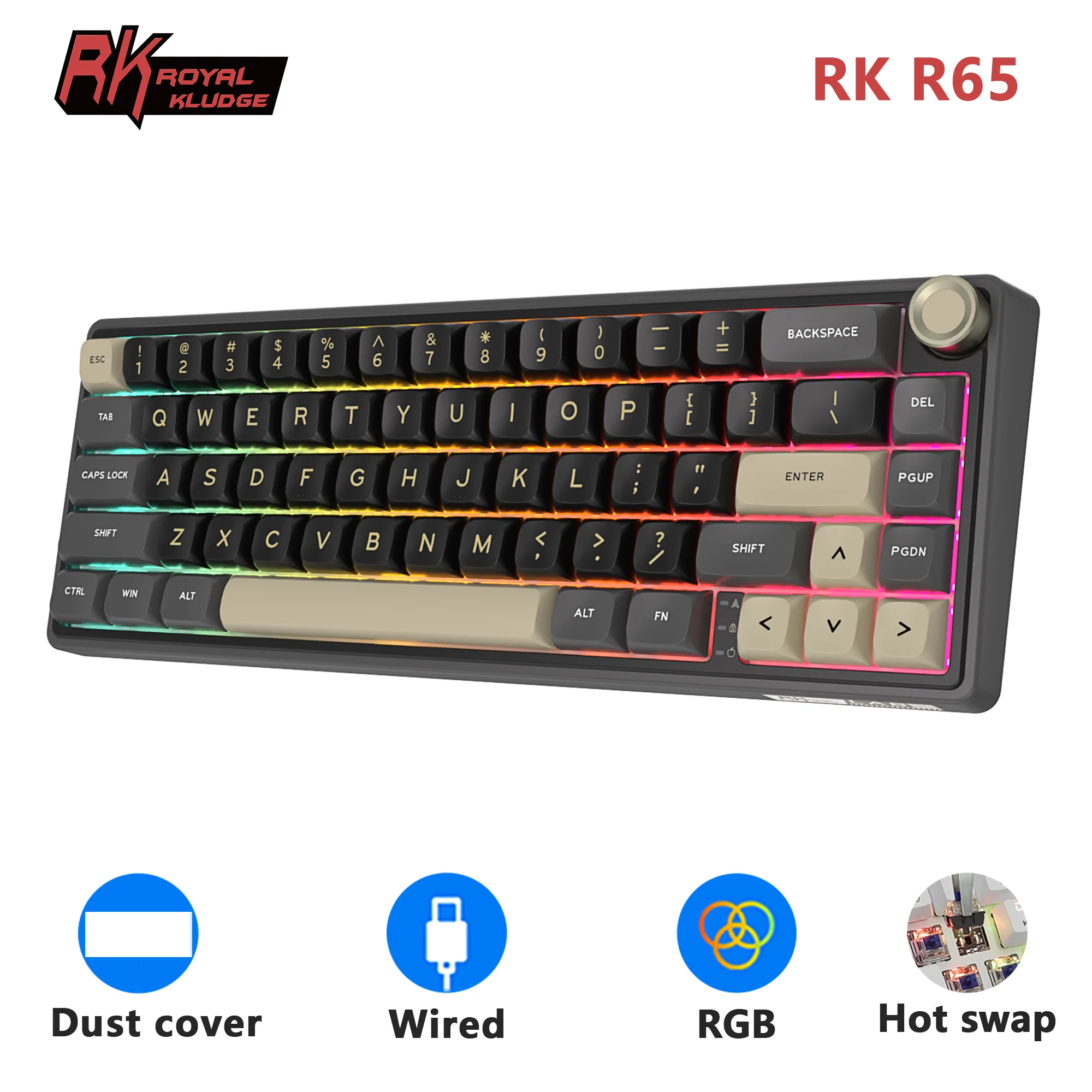 Teclado Mecânico RK Royal Kludge R65 com Fio, 66 Teclas, 65% RGB Retroiluminado, Hot-swappable, para Gamers, com Keycaps MDA PBT