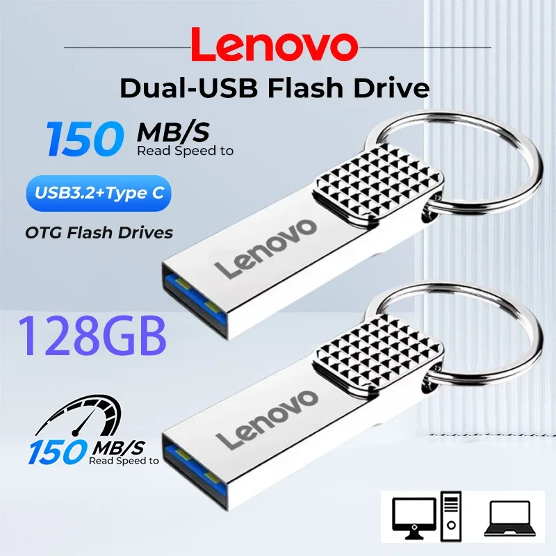Pen Drives USB 3.0 Lenovo de Alta Velocidade Mini Pen Drive Metálico Tipo-C à Prova d'Água para Escritório e Laptop Mais Vendido