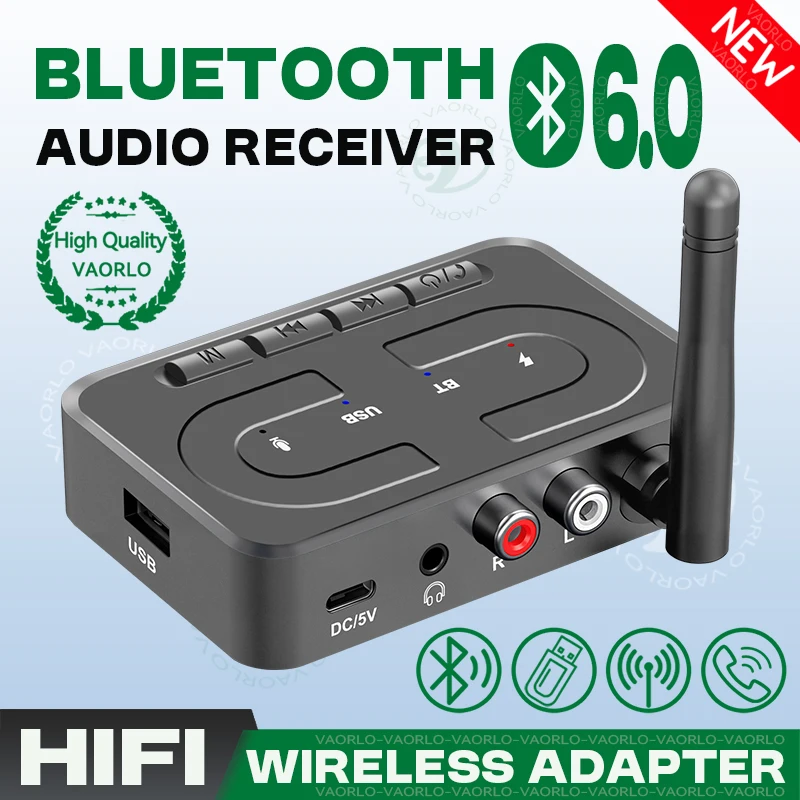 Receptor de áudio Bluetooth 6.0 com entradas AUX de 3,5 mm, RCA (R/L), microfone HD, estéreo Hi-Fi, adaptador sem fio com antena, suporte para reprodução de pen drive e USB para alto-falantes de carro.