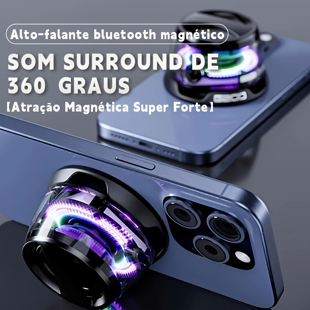Mini Caixa de Som Bluetooth com Ímã e LED RGB, Resistente à Água, Compacta e Leve para Viagem e Uso Externo Mini Caixa de Som Bluetooth com Ímã e LED RGB, Resistente à Água, Compacta e Leve para Viagem e Uso Externo