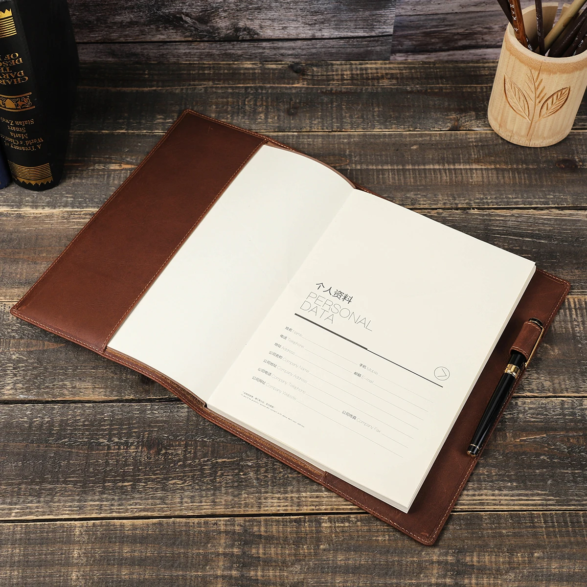 Capa retrô de couro genuíno para livro, capa protetora com suporte para caneta, bloco de notas de negócios, notebook, material escolar de escritório