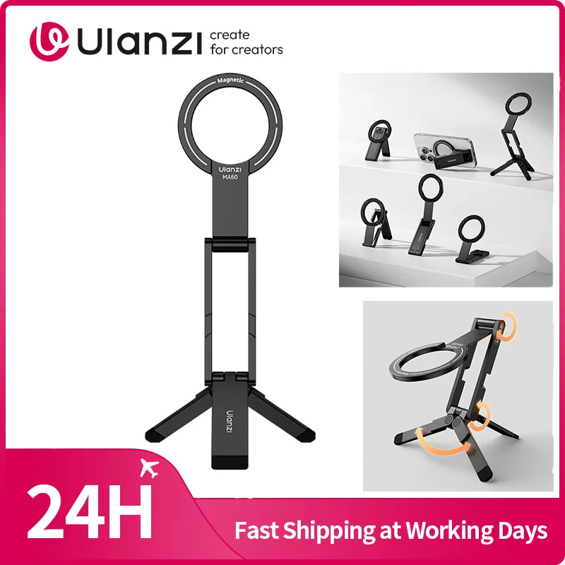 ​ Ulanzi MA60 Tripé magnético dobrável para telefone, suporte portátil para selfie para iPhone 16 15 14 13 Android com anel magnético