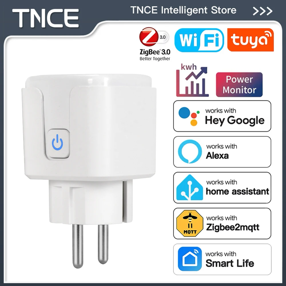 Tomada Inteligente TNCE Tuya EU Plug WiFi ou Zigbee3.0 16/20A, Monitor de Energia, Função de Temporizador, Controle por Voz com Alexa e Google Home