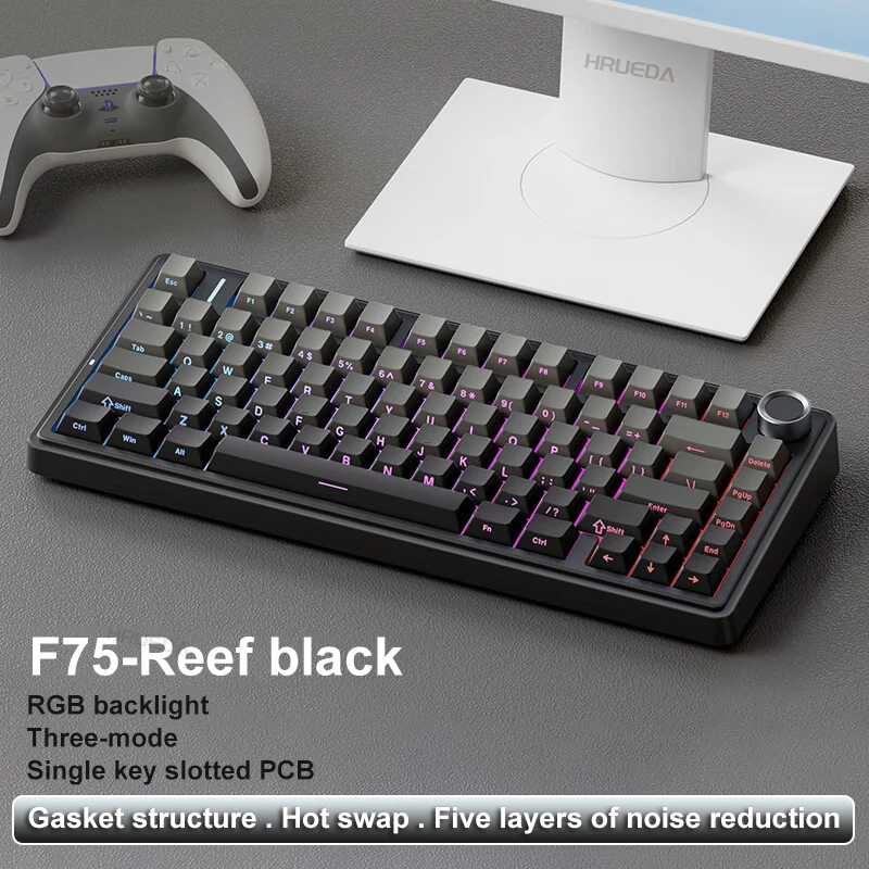 Teclado Mecânico Gamer AULA F75 Original com Luz LED RGB, Bluetooth Sem Fio, 2.4G, Conexão com Fio Tipo-C, Switches Mecânicos, 75% e 82 Teclas