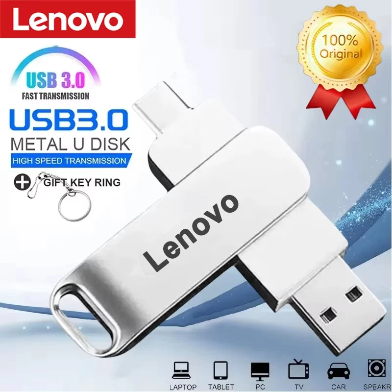 Pen Drive USB 3.2 Lenovo 64TB OTG, Disco Flash Tipo-C de Alta Velocidade, Capacidade Real, Pendrive Metálico para Telefone e Computador