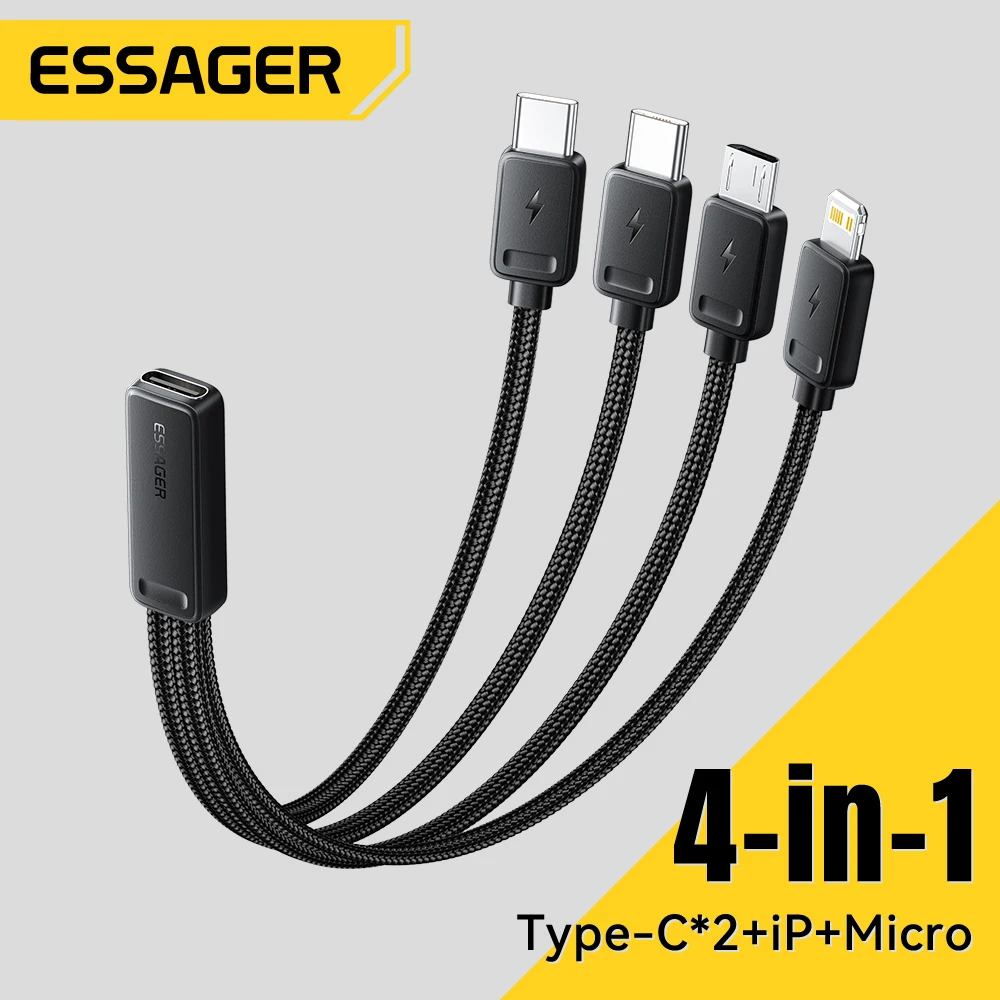 Essager 4 em 1 cabo portátil de carregamento rápido para viagens tipo C fêmea para multi USB com 2 adaptadores micro e relâmpago tipo C