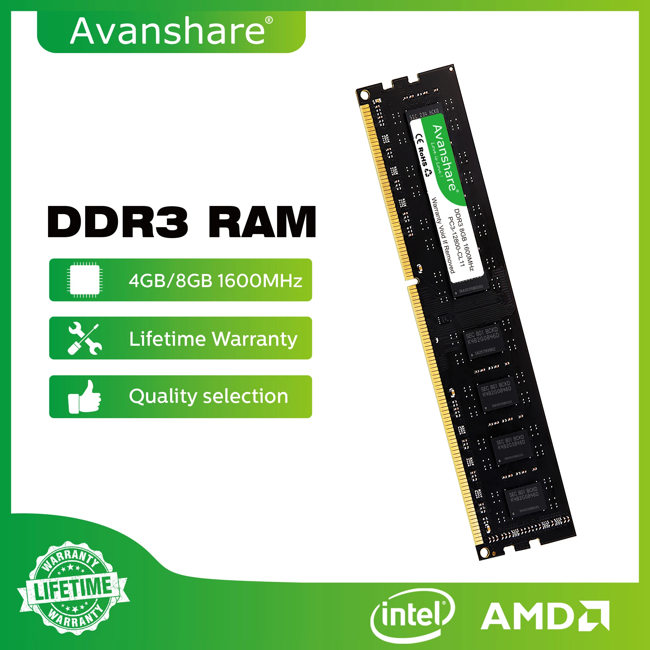 Memória Ram Avanshare DDR3 4GB 1600MHz para todas as placas-mãe de desktop Intel AMD