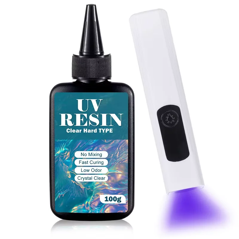 Kit de Resina UV de 100g com Luz, Tipo Duro Aprimorado, Resina UV Cristalina de Cura Rápida para Artesanato, DIY, Fabricação de Joias, Moldes e Fundição
