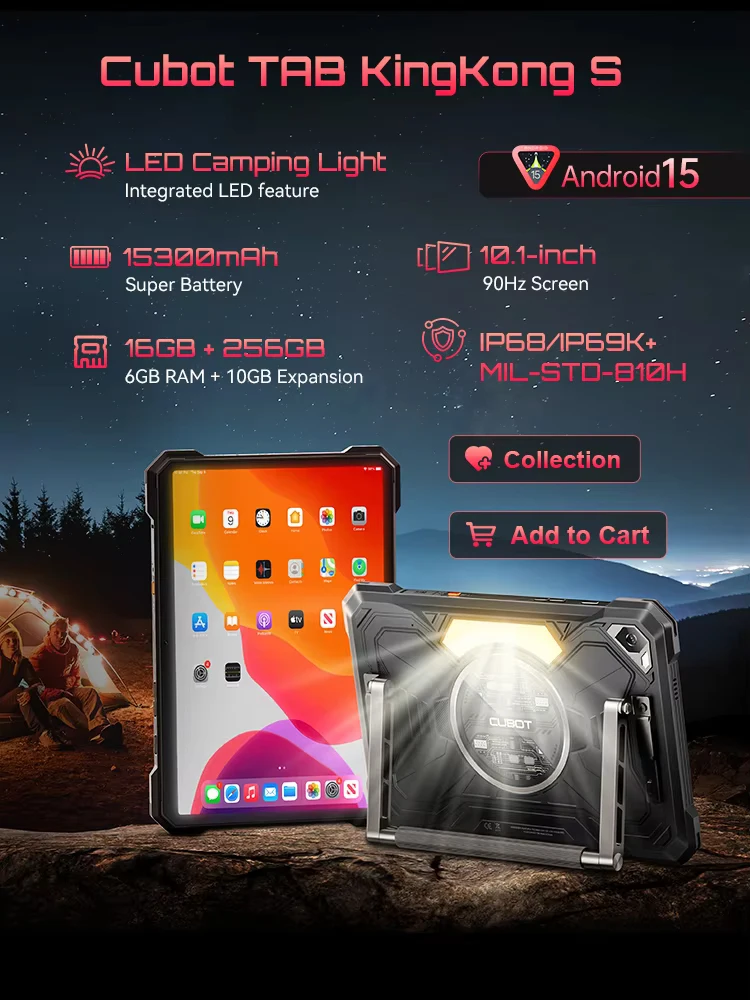 Tablet Android 15 Cubot TAB KingKong S, bateria de 15300 mAh, 16 GB (6+10), 256 GB, tela de 10,1 polegadas com 90 Hz, luz de acampamento, câmera de 48 MP