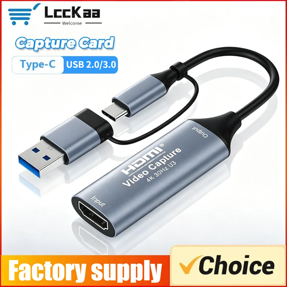 Placa de Captura de Vídeo 4K HDMI para USB 2.0/3.0/USB-C 2 em 1 para Gravação de Vídeo e Áudio para OBS Studio, PotPlayer, QT Player, Windows