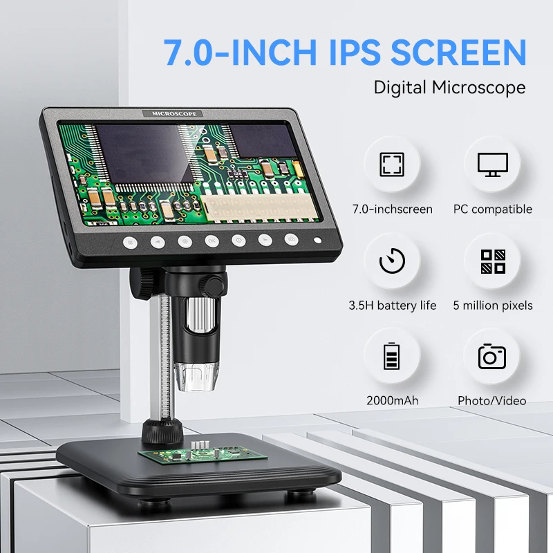 Microscópio digital de moeda ips de 7 polegadas, 5mp, 1200x, câmera de foco ultreciso, 1080p, microscópio de vídeo, 8 luzes led para circuito de moeda