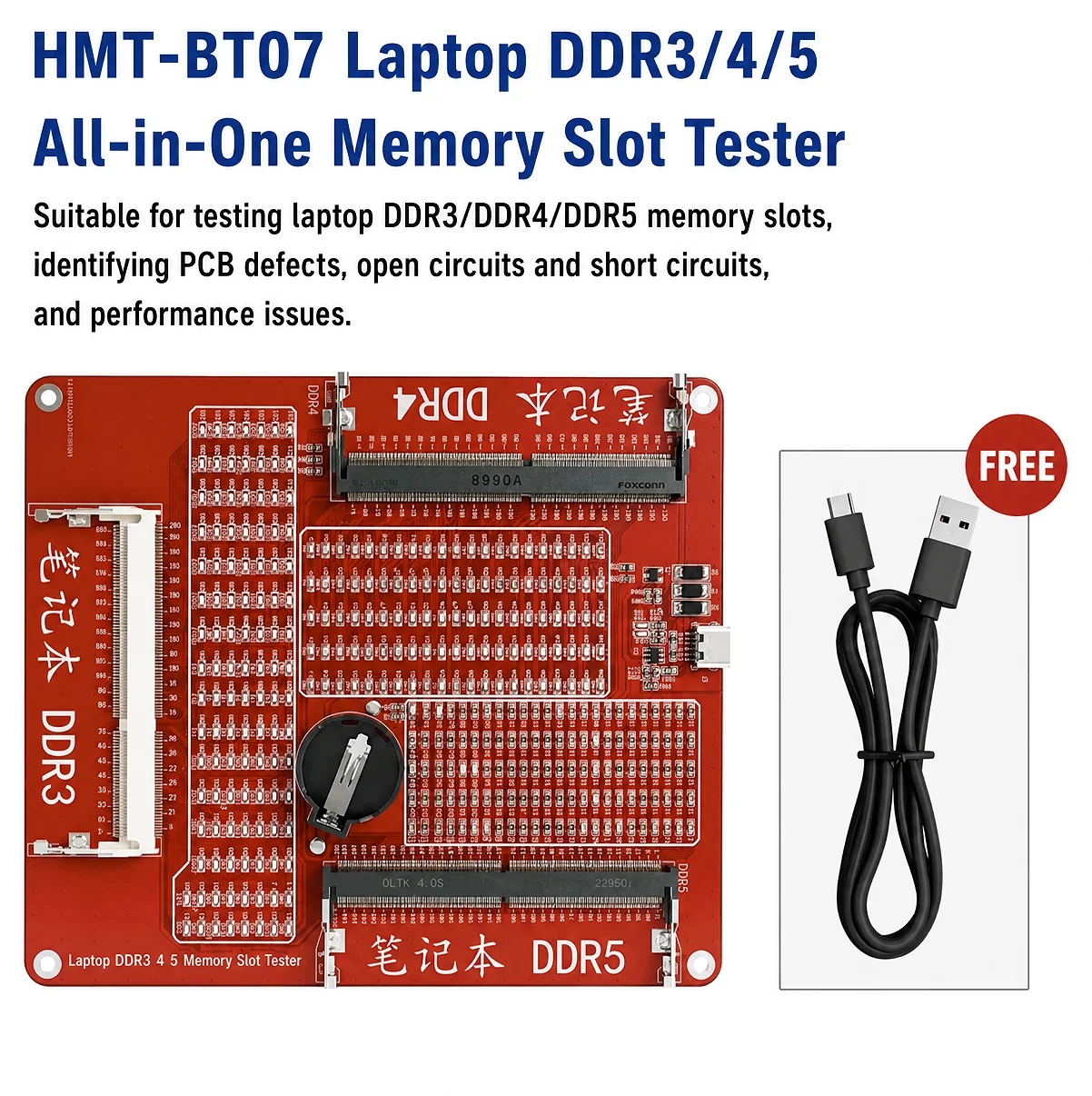 Testador de Memória para Notebook: Suporte DDR3, DDR4, DDR5 – Detector de Falhas em Módulos de RAM de Laptop, Teste de Defeitos em PCB, Danos de Impedância e Circuito Aberto