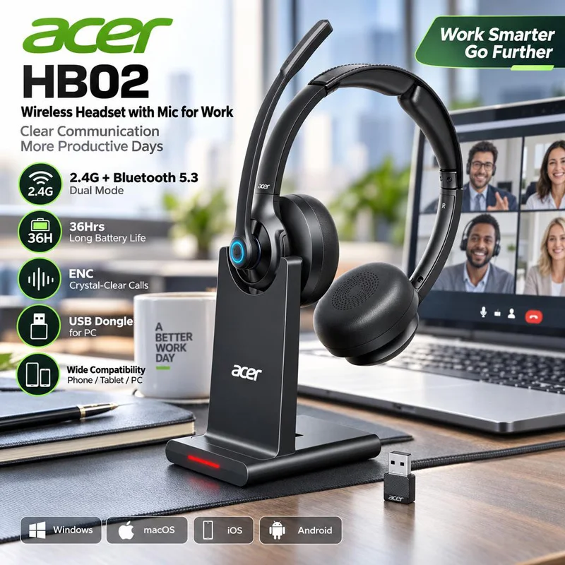 Fone de Ouvido Sem Fio Acer HB02 com Microfone para Trabalho, Bluetooth 5.3 2.4G, Modo Duplo, Headset com Dongle USB para PC, Ideal para Call Center