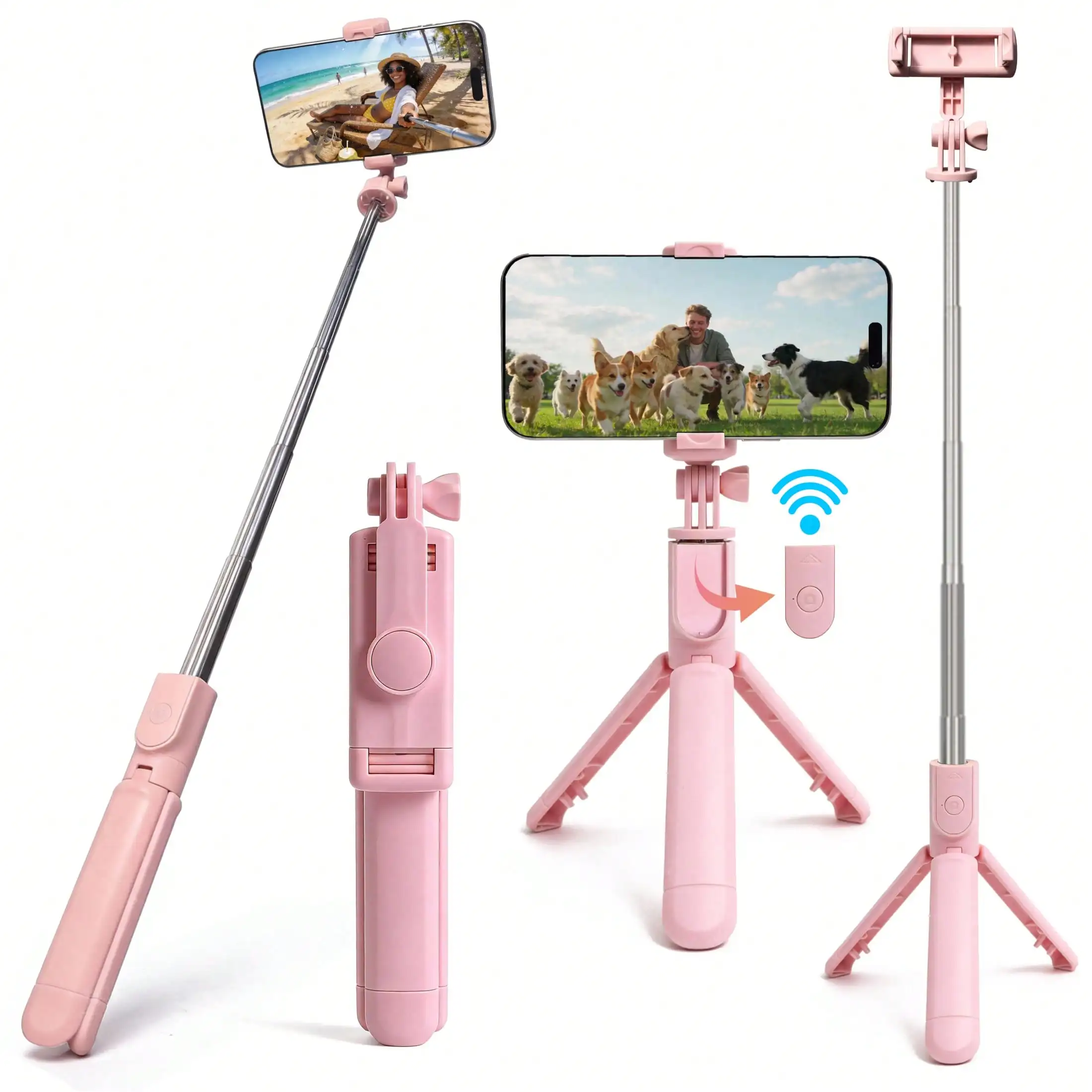 Bastão de selfie sem fio, bastão de selfie com suporte para tripé, controle remoto, suporte para telefone e tripé embutido, 1 peça