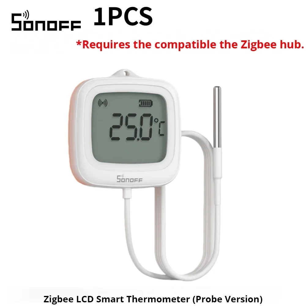 Termômetro Inteligente SONOFF SNZB-02LD Zigbee3.0 com Tela LCD e Sonda, à Prova d'Água IP65 para Geladeira, Piscina, Aquário, Adega via ZBBridge-P