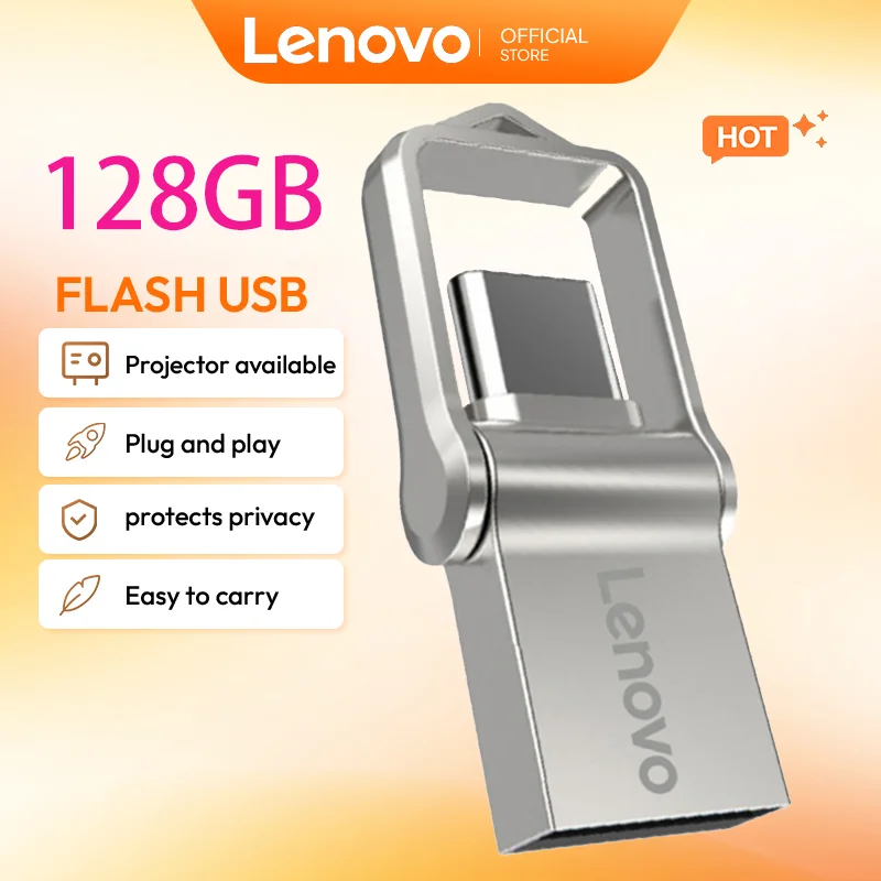 Pen Drive USB 3.0 de Alta Velocidade Lenovo Metal 512GB Tipo-C à Prova d'Água, Pen Drive USB 128GB para Laptop de Escritório, Mais Vendido