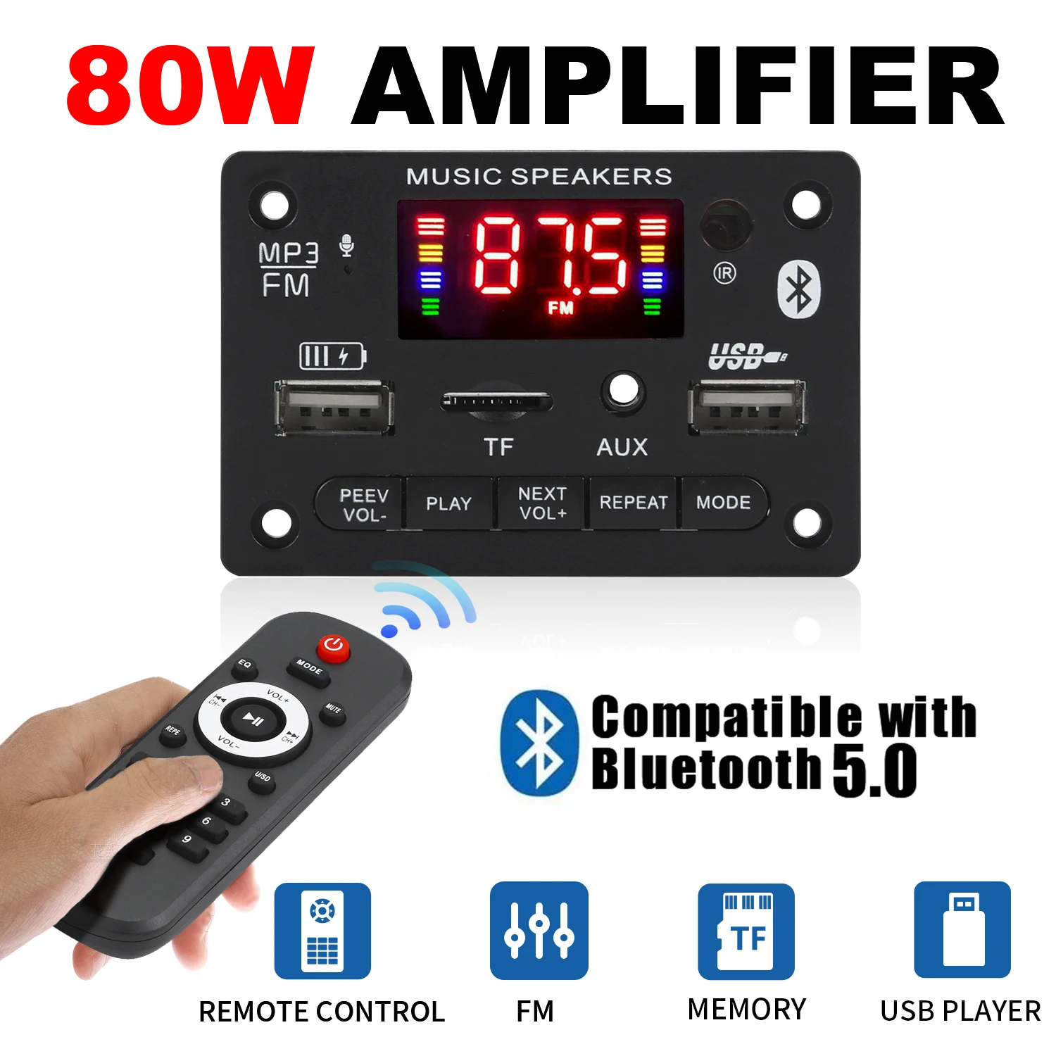 Placa decodificadora de mp3 bluetooth 5.0, 2*40w, 80w, amplificador, reprodutor de áudio, 12v, diy, reprodutor de mp3, carro, módulo de rádio fm, tf, usb, microfone, gravação de chamada