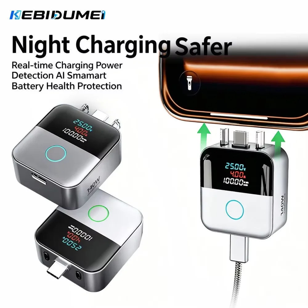 KEBIDUMEI 140W Cabo de Dados com Carregamento Rápido Tipo-C, Desligamento Automático Inteligente, Separador de Carga para Telefone, Display Digital e Proteção contra Sobrecarga