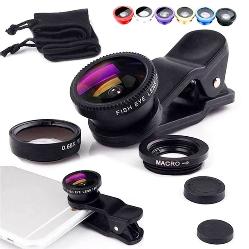 Lente de micro câmera grande angular olho de peixe 3 em 1 para iPhone Xiaomi Redmi 3 em 1 Zoom Fish Eye Len em lentes de smartphone com clipe de telefone