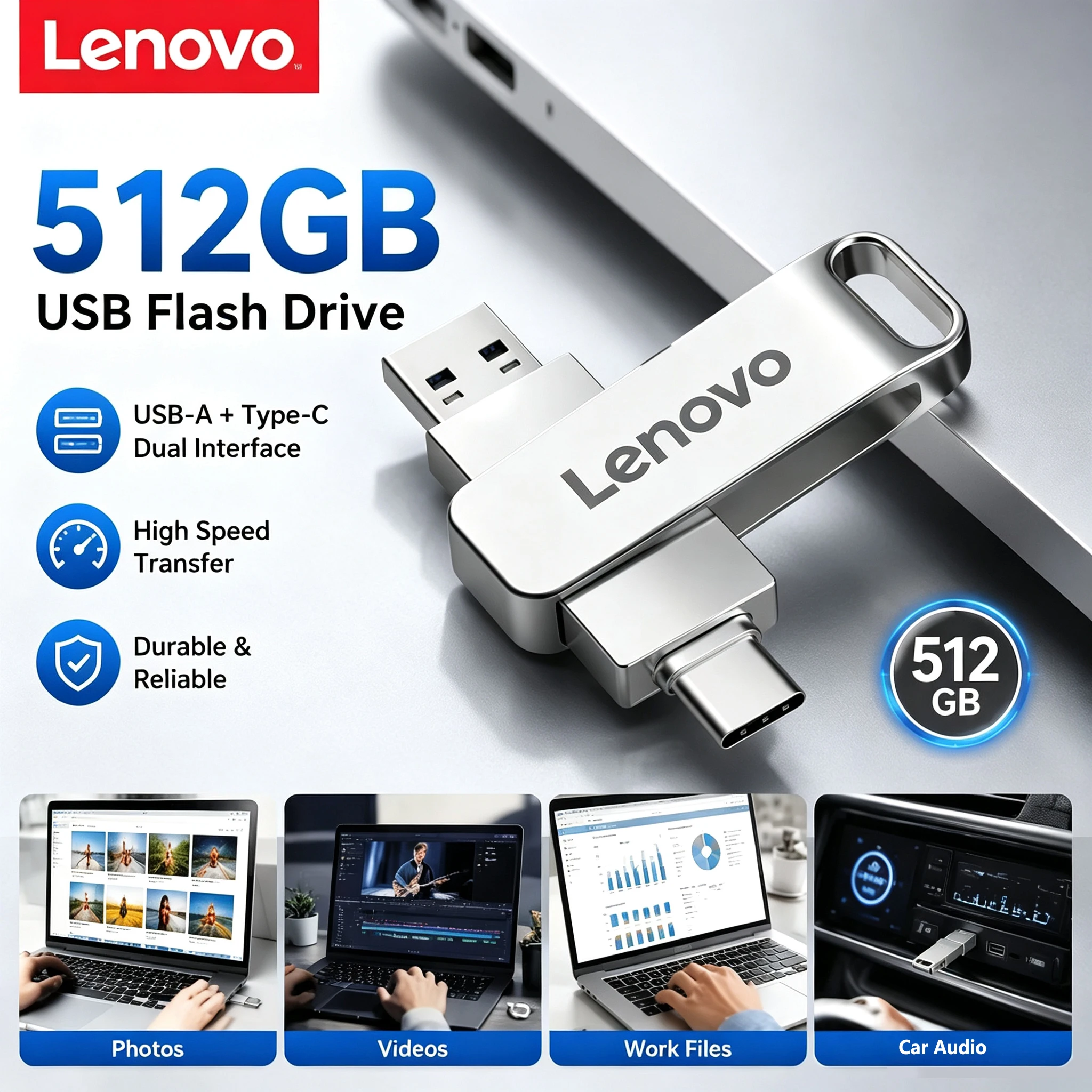 Pen Drive USB3.2 Lenovo 512GB OTG de Alta Velocidade Tipo-C com Capacidade Real em Metal para Telefone e Computador