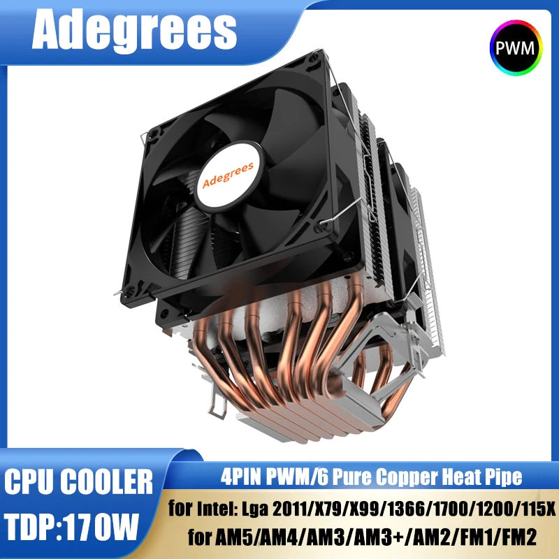 Cooler de CPU com 6 Heatpipes, Ventilador Silencioso para Processadores Intel LGA 1150 1151 1156 1700 2011 X99 1366 AM3 AM4 AM5
