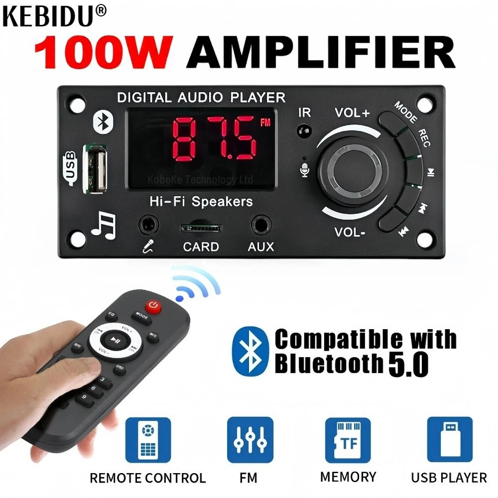100w amplificador bluetooth 5.0 diy mp3 wav placa decodificadora dc 12v 50w carro sem fio usb mp3 player slot para cartão tf usb fm com 3.5mm microfone