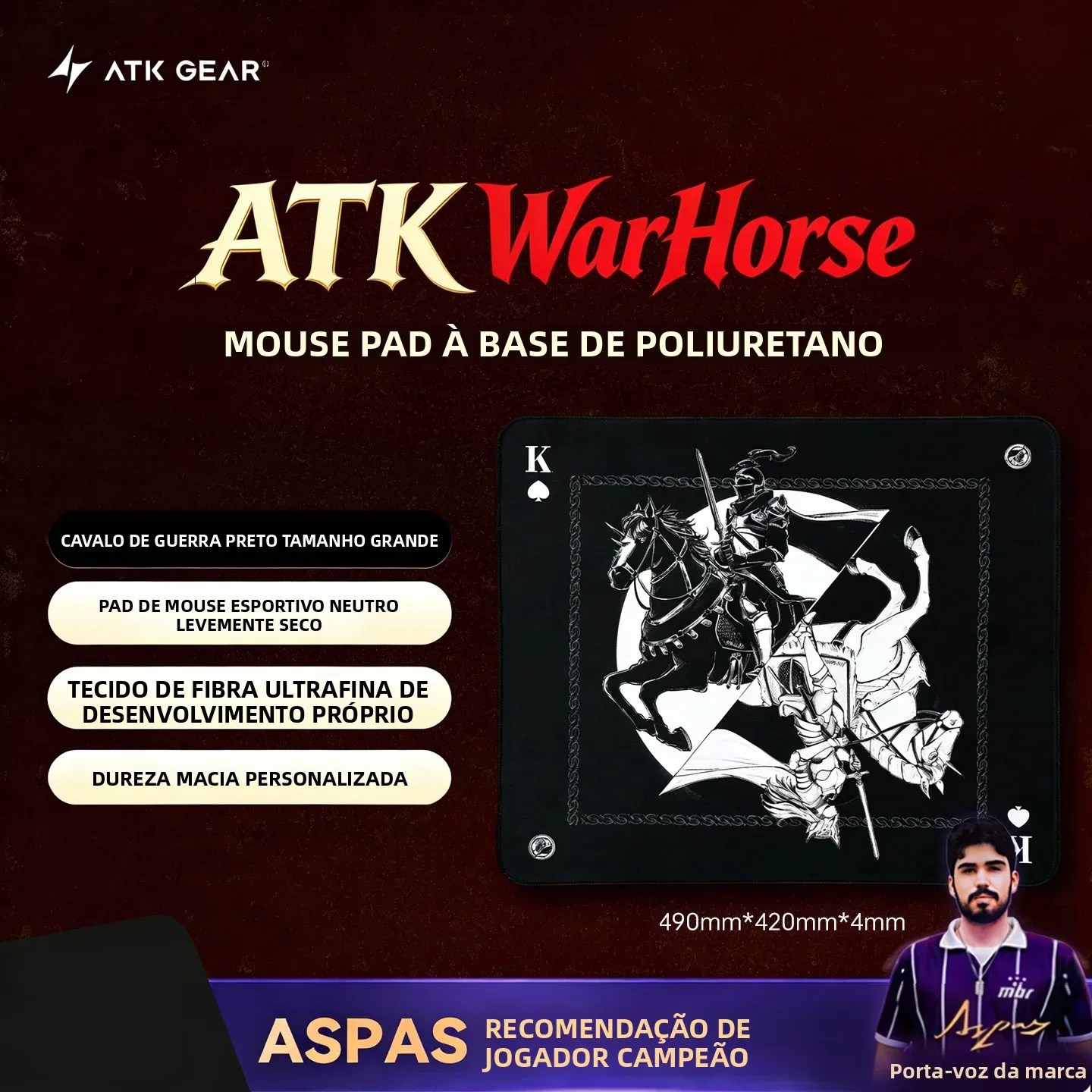 Mouse Pad ATK Warhorse Esports com Ilustração Original em Tecido de Fibra Ultra Fina 490x420mm Tamanho Grande para FPS Valorant Delta Force Ga
