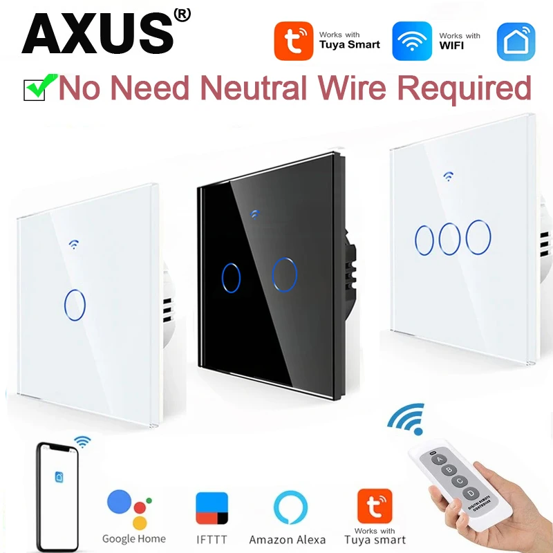Interruptores de Luz Inteligentes WiFi da UE Sem Fio Neutro, Interruptor Touch RF433, Compatível com o Aplicativo Tuya Smart Life, Suporte para Alexa e Google Home Interruptores de Luz Inteligentes WiFi da UE Sem Fio Neutro, Interruptor Touch RF433, Compatível com o Aplicativo Tuya Smart Life, Suporte para Alexa e Google Home