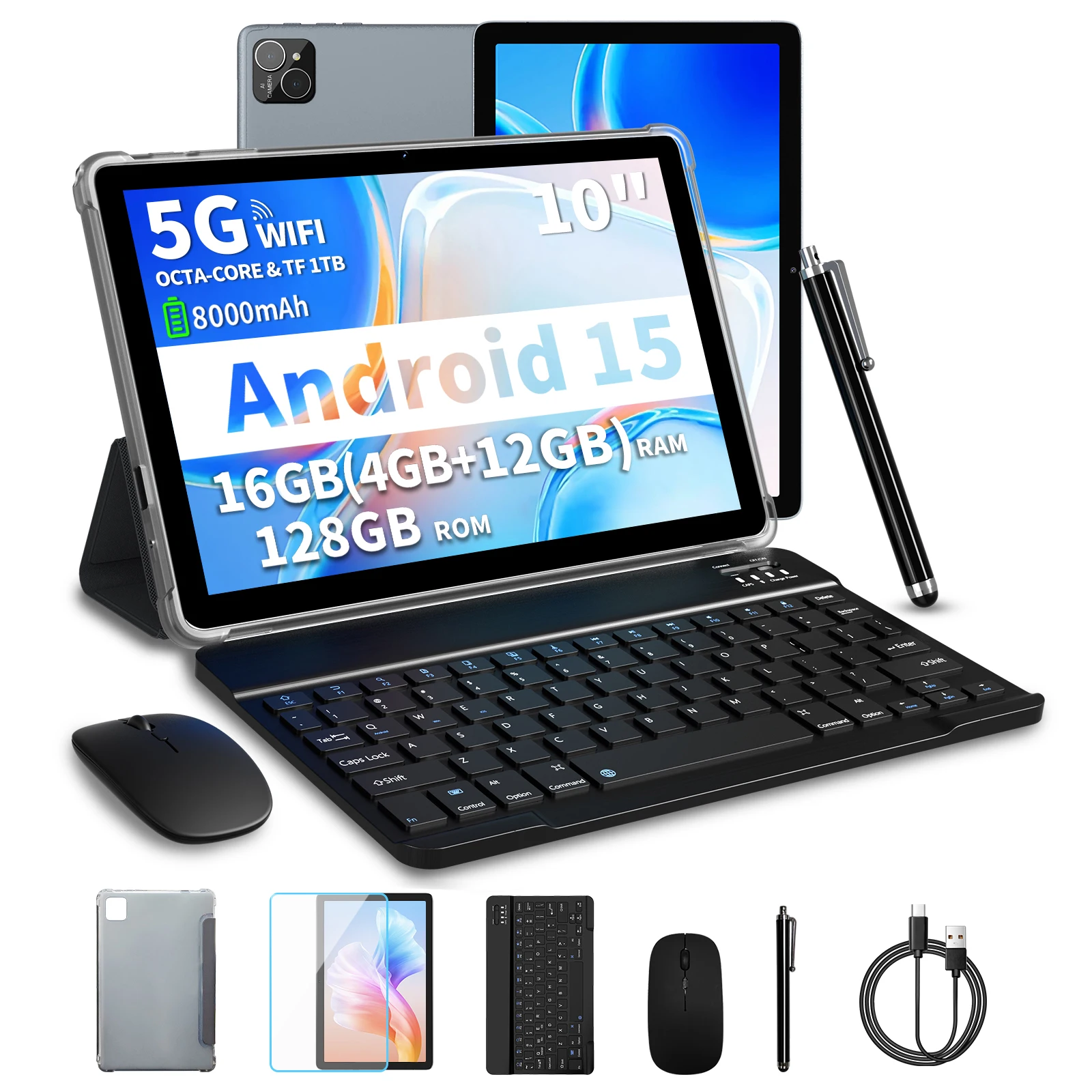 Tablet PRITOM TAB11 Android 15 de 10 Polegadas, 16GB (4+12 Expansível) de RAM + 128GB ROM, Octa Core, WiFi 5G, com Teclado, Mouse e Capa