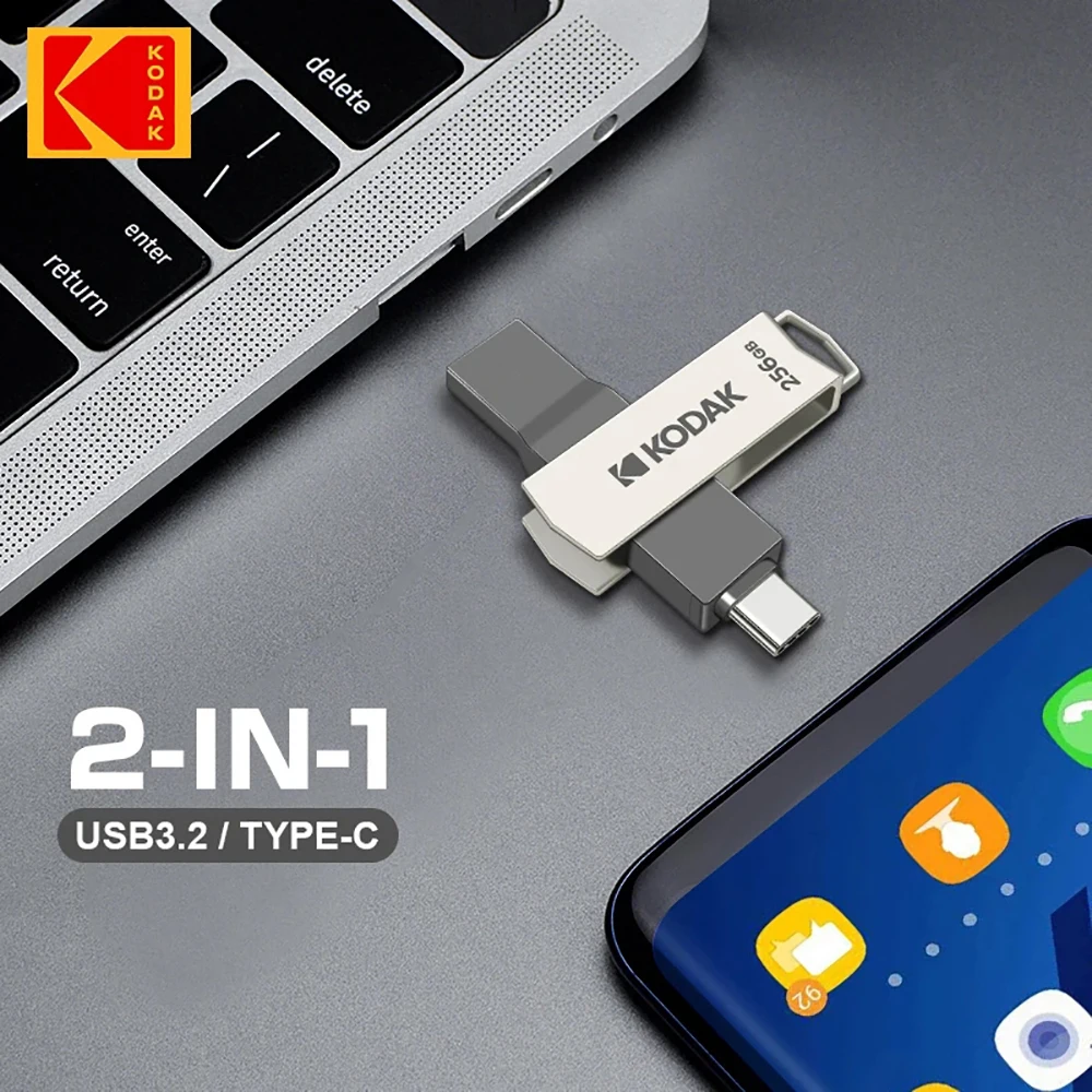 Kodak original duplo nip tipo c & usb flash drive 64gb 128gb 32gb pendrive memória de alta velocidade metal vara para smartphone portátil