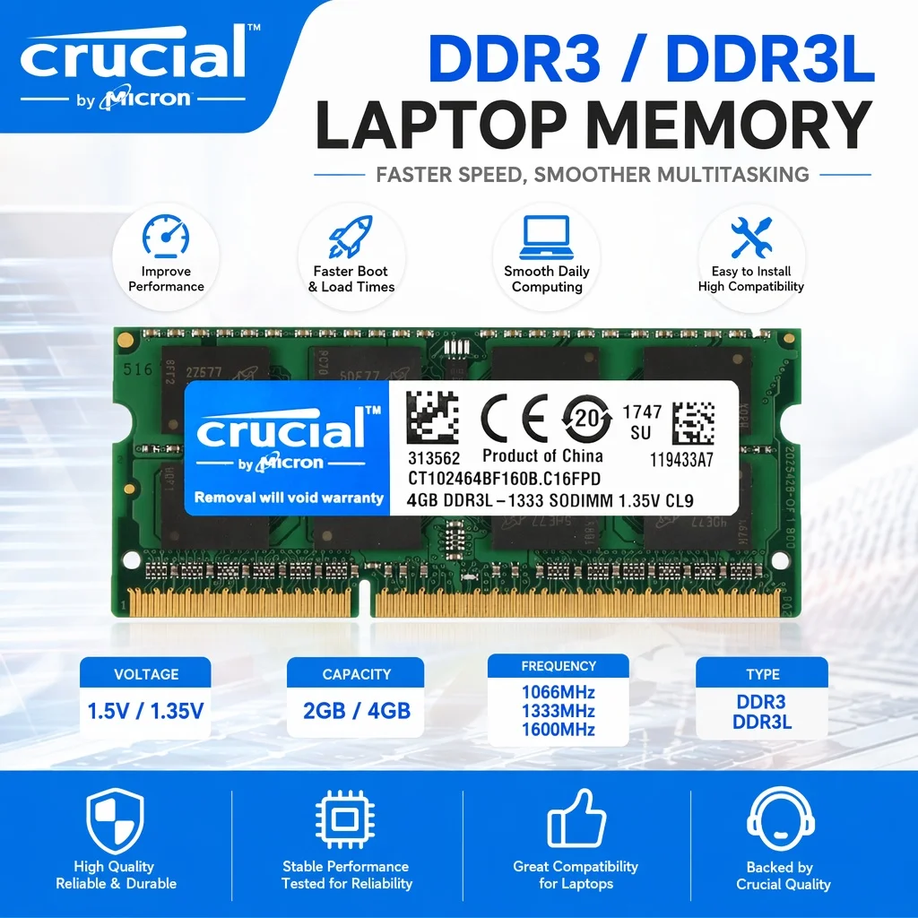 Memória RAM Crucial para Laptop DDR3L DDR3 2GB 4GB 1066 1333MHz 1600MHz SO-DIMM PC3-10600S 8500S 12800S RAMs de Notebook Single e Dual Rank