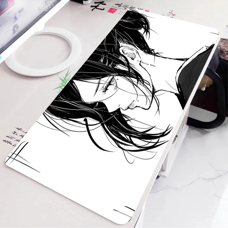 Preto e branco anime menina tapete de mesa grande mouse pad teclado de escritório borda bloqueio tapete de mesa acessórios de jogos antiderrapante mousepad