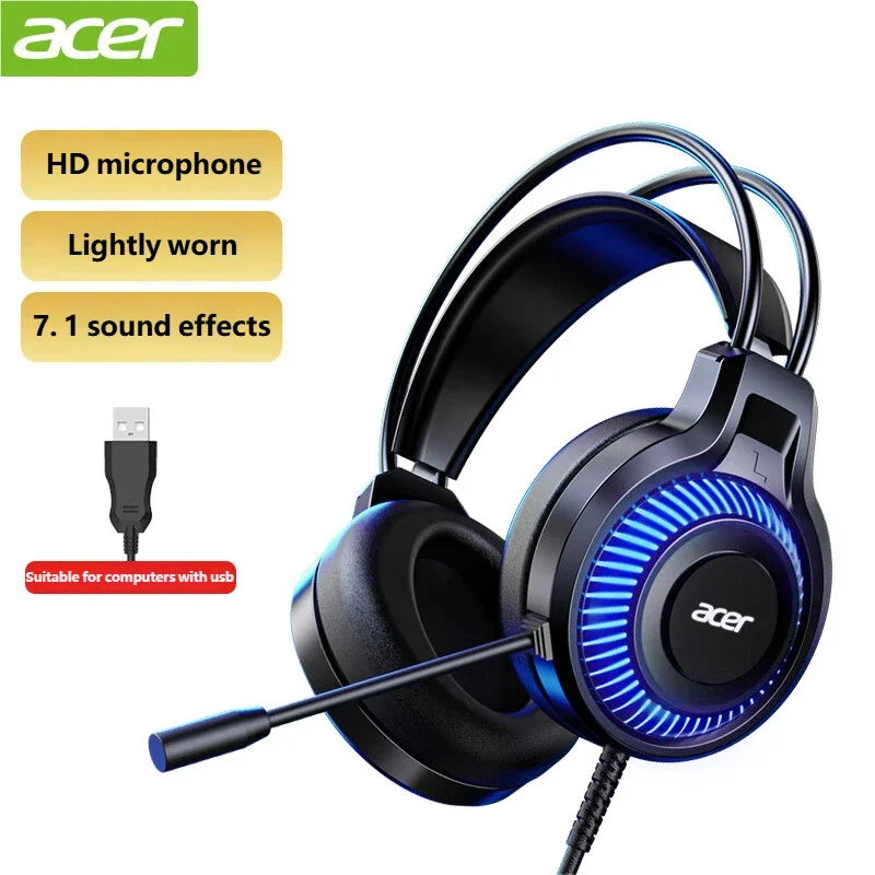 Acer Gaming Fones de ouvido com microfone 7.1 Estéreo Virtual Surround LED Light Bass Fones de ouvido Gamer para computador PC Gamer OHW303