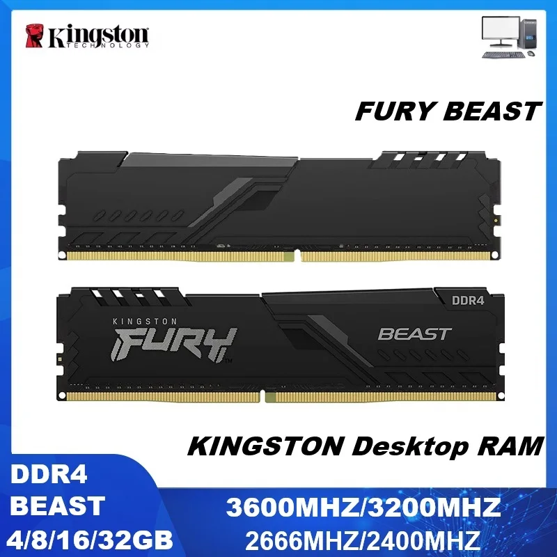 Memória RAM Kingston Fury Beast DDR4 8G 16G 32GB 3600 3200Mhz para PC com dissipador de calor de 288 pinos XMP2.0 para desktop com placa-mãe AMD ou INTEL