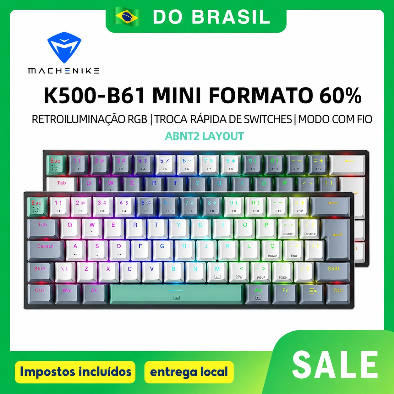 Teclado Mecânico Machenike K500-B61 60% Layout ABNT2 com Retroiluminação RGB, Hot-swappable, NKRO, Teclado Gamer com Fio para PC Teclado Mecânico Machenike K500-B61 60% Layout ABNT2 com Retroiluminação RGB, Hot-swappable, NKRO, Teclado Gamer com Fio para PC