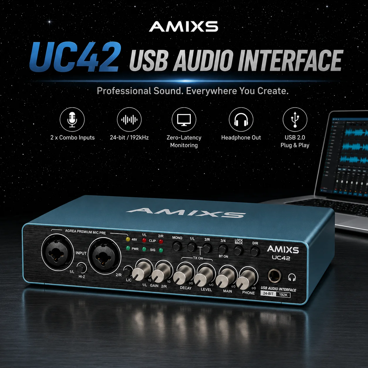 Interface de áudio AMIXS UC42 para gravação de computador, unidade gratuita, placa de som externa USB para equipamento de áudio de PC, vídeo profissional