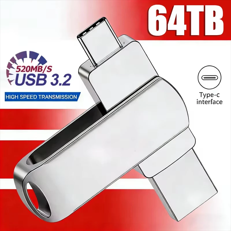 Novo Pen Drive USB 3.2 de Alta Velocidade 520MB/s 2 em 1 Tipo C OTG à Prova d'Água com Grande Armazenamento para Celular, Computador e PC