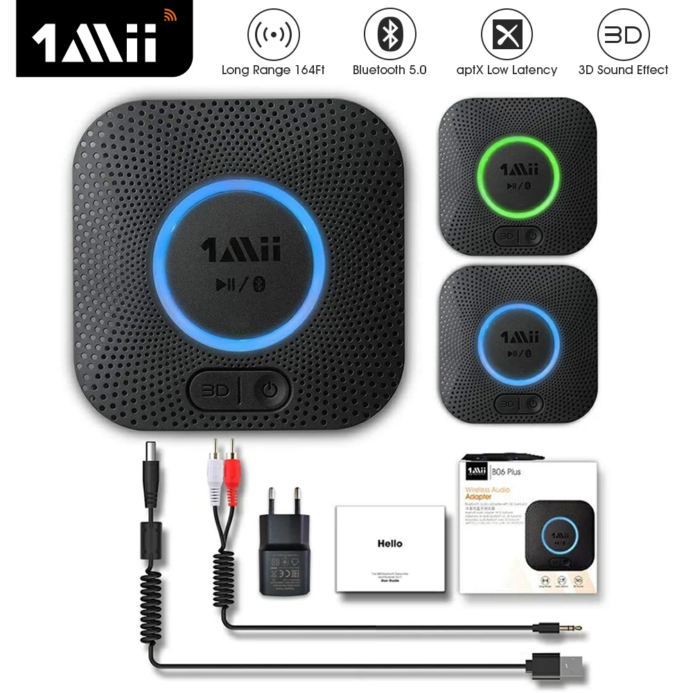Receptor de Áudio Bluetooth 1Mii AptX LL Dual Link RCA 3.5mm AUX, Adaptador de Áudio Sem Fio de Longo Alcance 30M para Caixa de Som B06 Plus