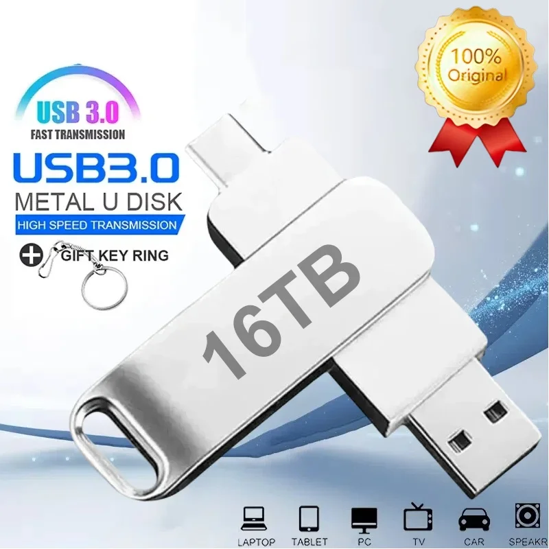 Pen Drive USB 3.0 de Alta Velocidade 1TB 2TB 16TB OTG Tipo-C com Capacidade Real em Metal para Celular e Computador