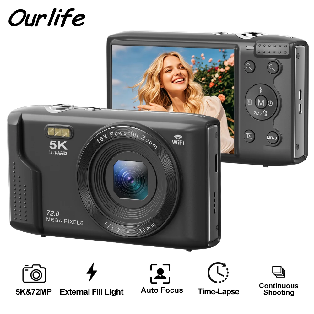 Ourlife câmera digital compacta 5k 72mp 2.8 ''tela lcd 16x zoom digital fotografia vintage vlog gravador de vídeo youtube Ourlife câmera digital compacta 5k 72mp 2.8 ''tela lcd 16x zoom digital fotografia vintage vlog gravador de vídeo youtube