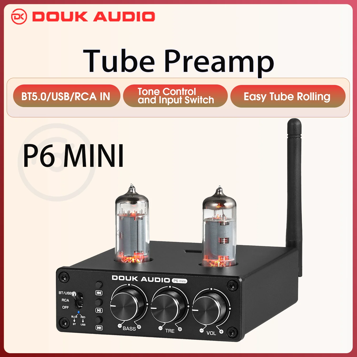 Pré-Amplificador Estéreo Douk Audio HiFi Bluetooth 5.0 com Válvula e Controle de Agudos e Graves para Desktop e USB