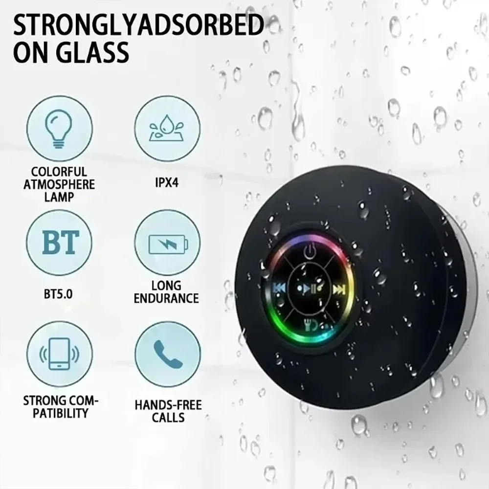 Caixa de Som Bluetooth Mini Portátil Sem Fio com LED, Áudio Bluetooth, IPX4 à Prova d'Água, Alto-falante com Ventosa Grande para Uso Externo e Banheiro