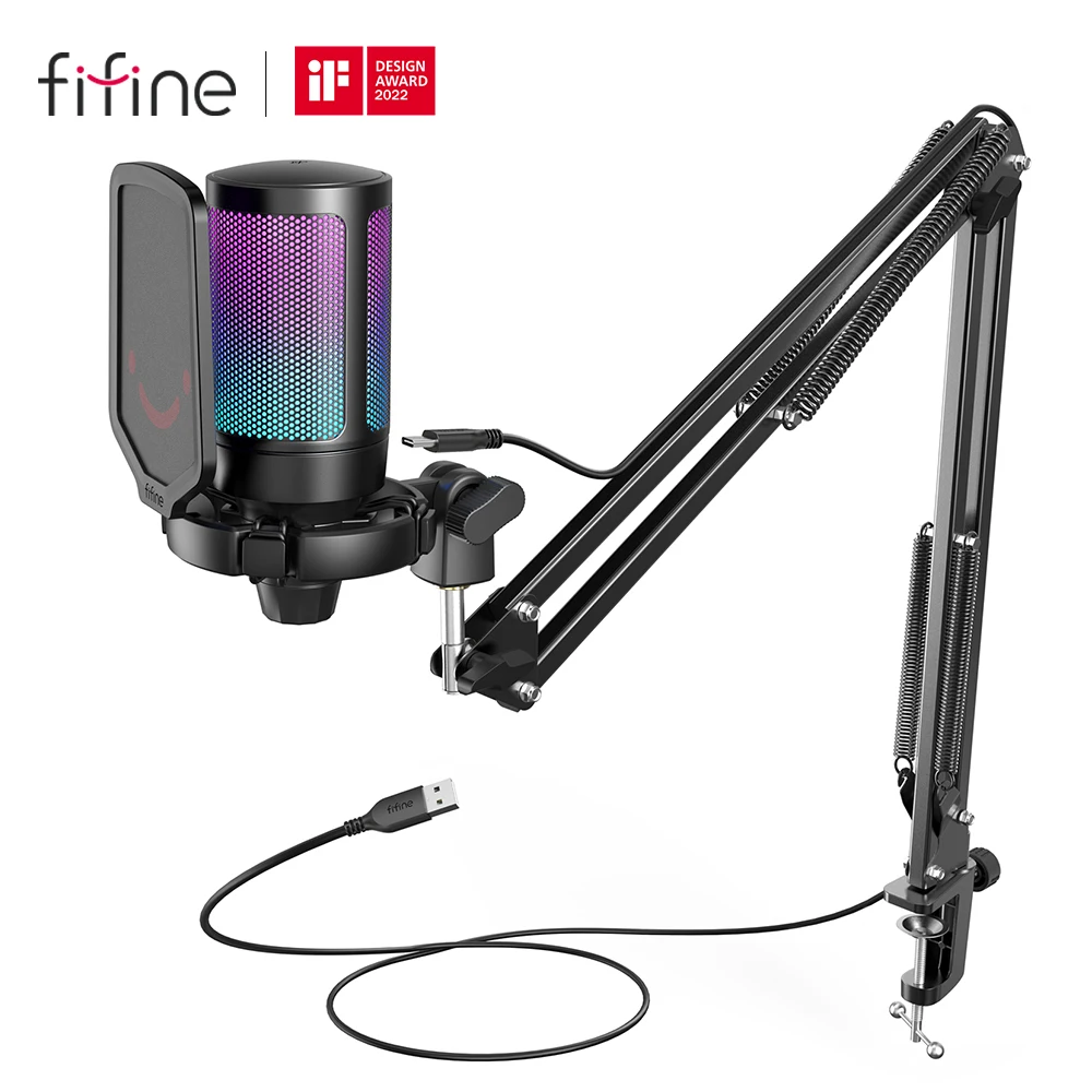 Kit de microfone USB para jogos FIFINE com suporte de braço para PC, PS4/5, conjunto de microfone cardióide condensador com toque mudo, RGB para streaming -A6T