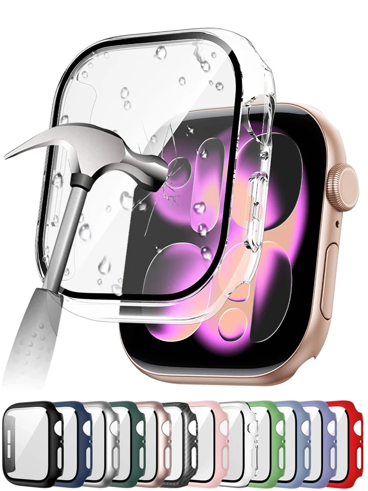 Vidro temperado + capa para apple watch acessórios 46mm 45mm 41mm 44 42mm protetor de tela iwatch caso série 11 10 9 4 5 6 se 7 8
