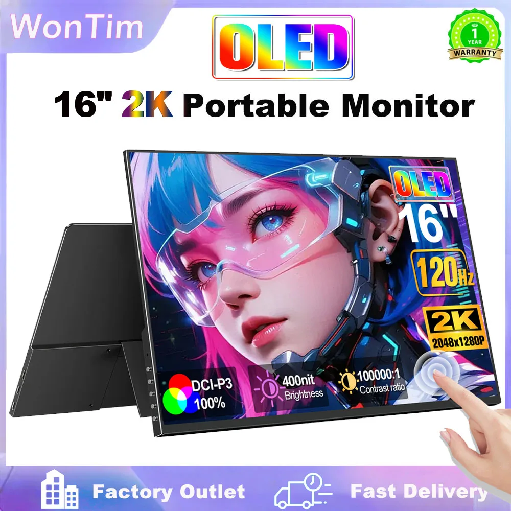 Monitor Portátil OLED WonTim 2K 16.0" 2048x1280 100%DCI-P3 Tela de Extensão para Laptop USB C HDMI Display para Jogos de Computador com Alto-falantes